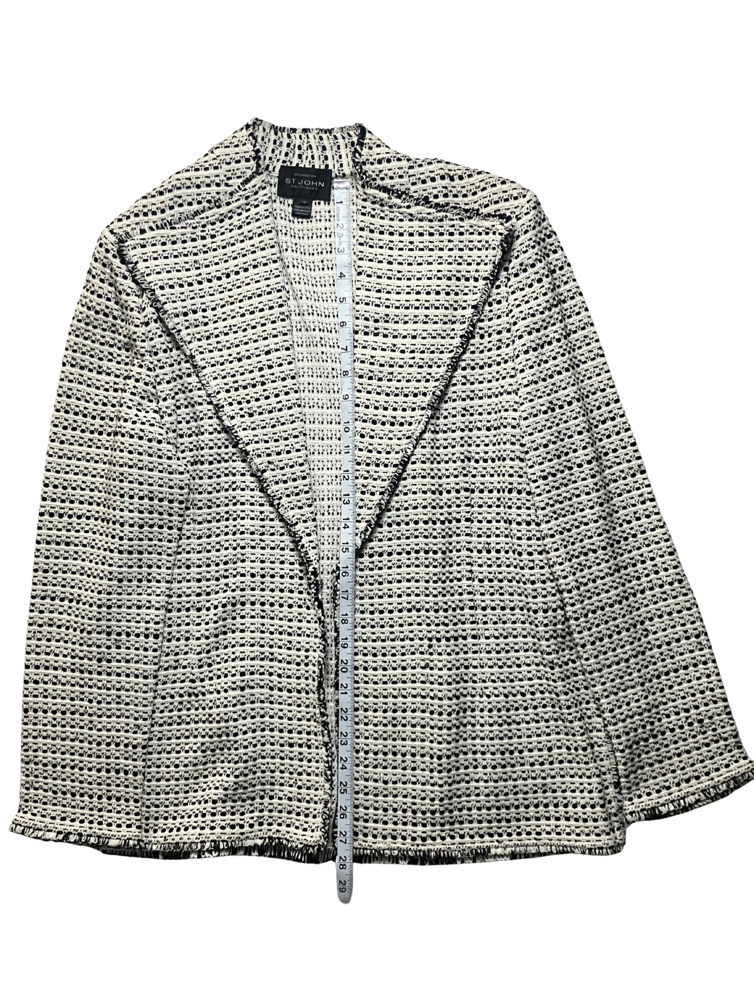 St. John Boutiques Ivory Black Boucle Knit Open-Front Jacket Size 14