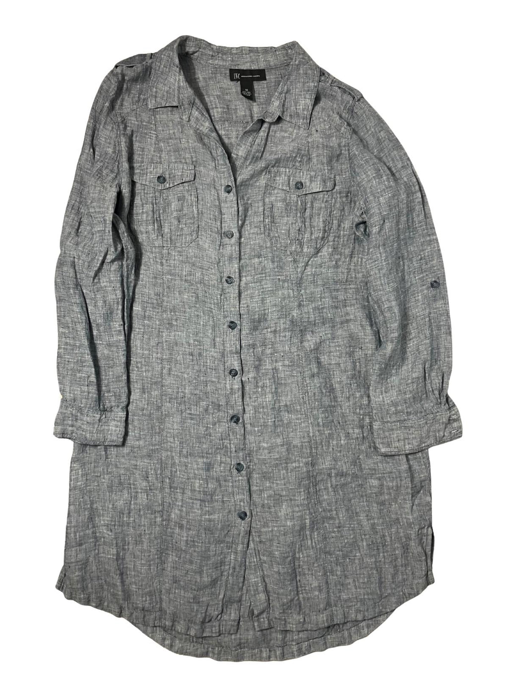 INC International Concepts — Shirtdress | Heather gray-blue linen, convertible sleeves · Sz 16