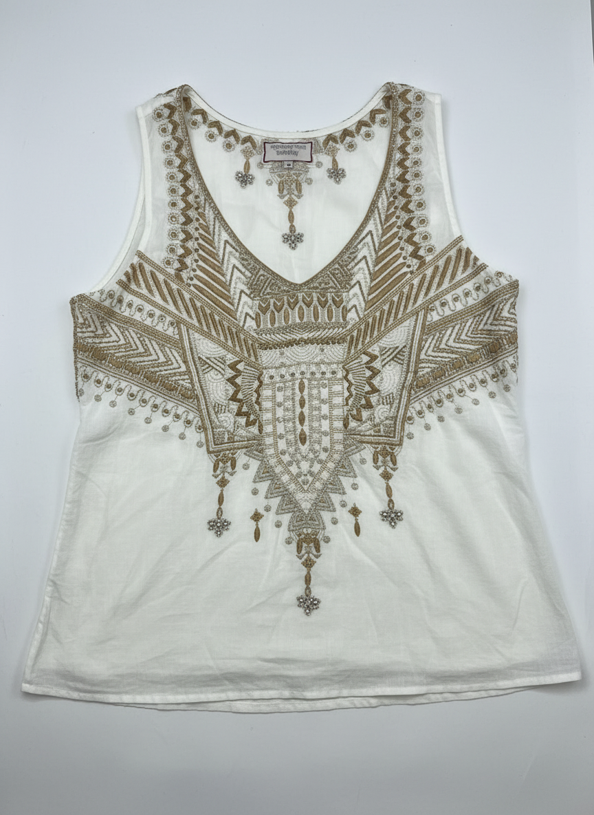 Johnny Was Workshop Embroidered Ramie Tank Top Ivory Gold Boho Size M