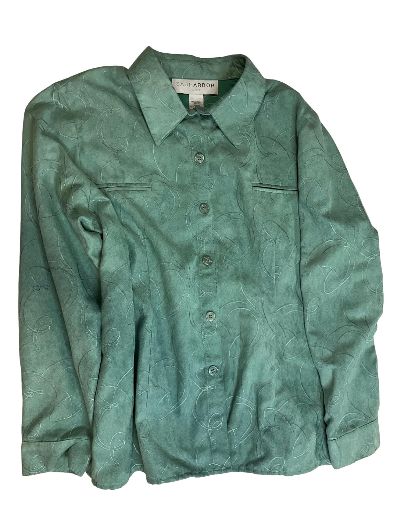 Sag Harbor Petite Emerald Green Embroidered Suede-Finish Blouse Size P/M
