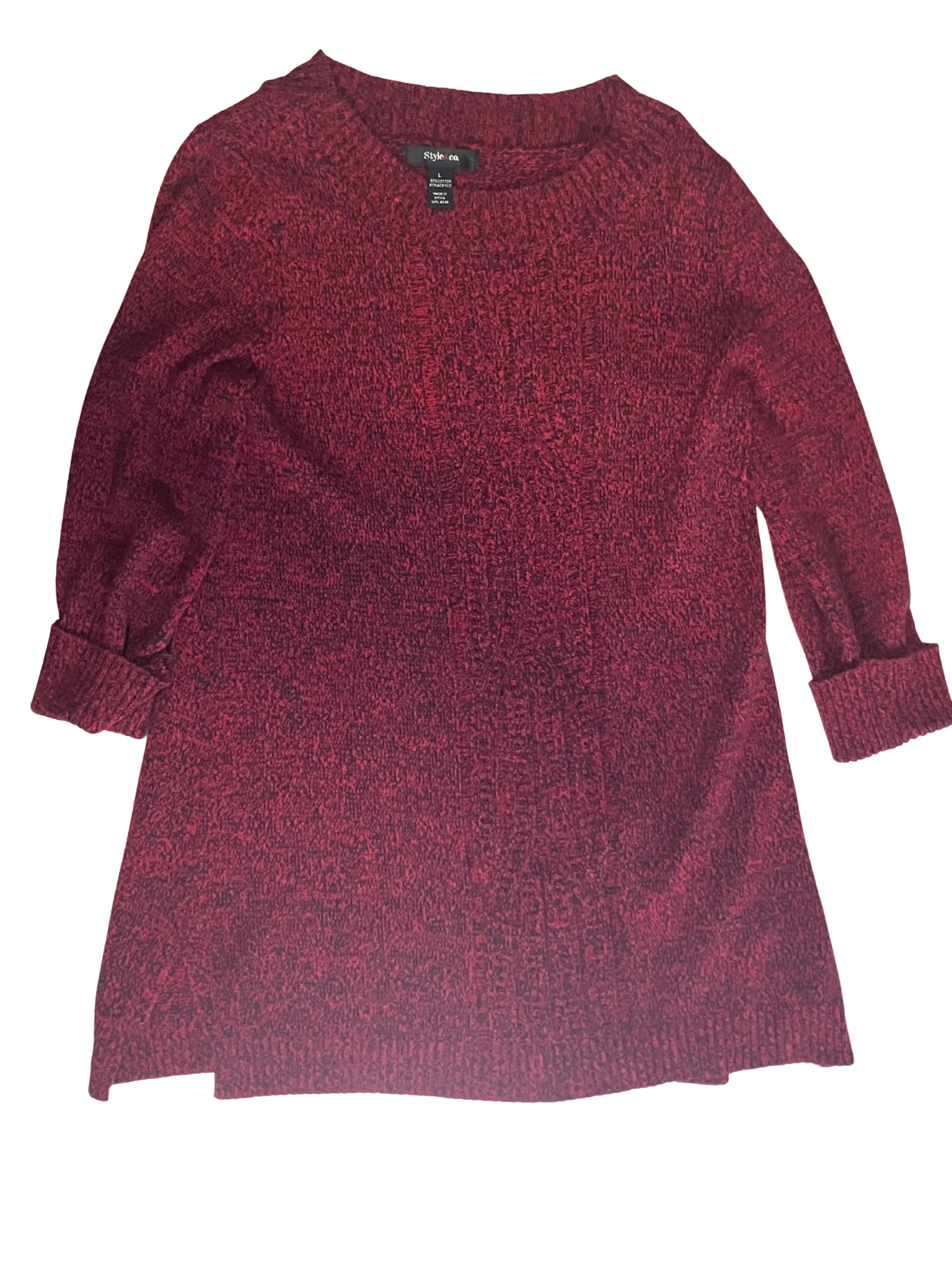 Style & Co Red Black Marled Knit Sweater Tunic Size L Long Sleeve Women