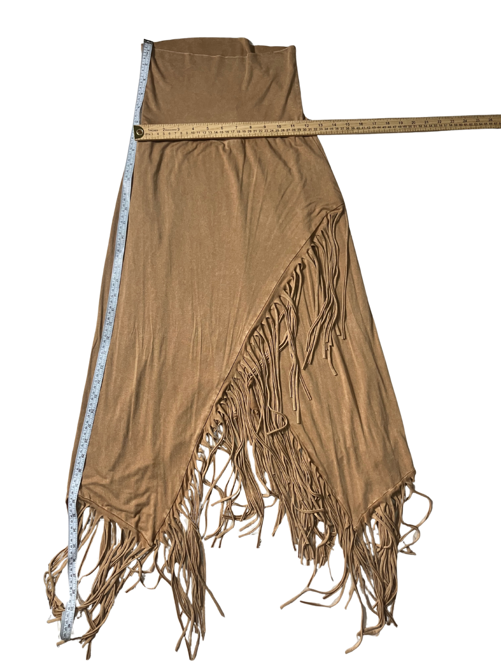 Raya Sun Tan Fringe Skirt - Bohemian High-Waisted Asymmetric Hem Size S