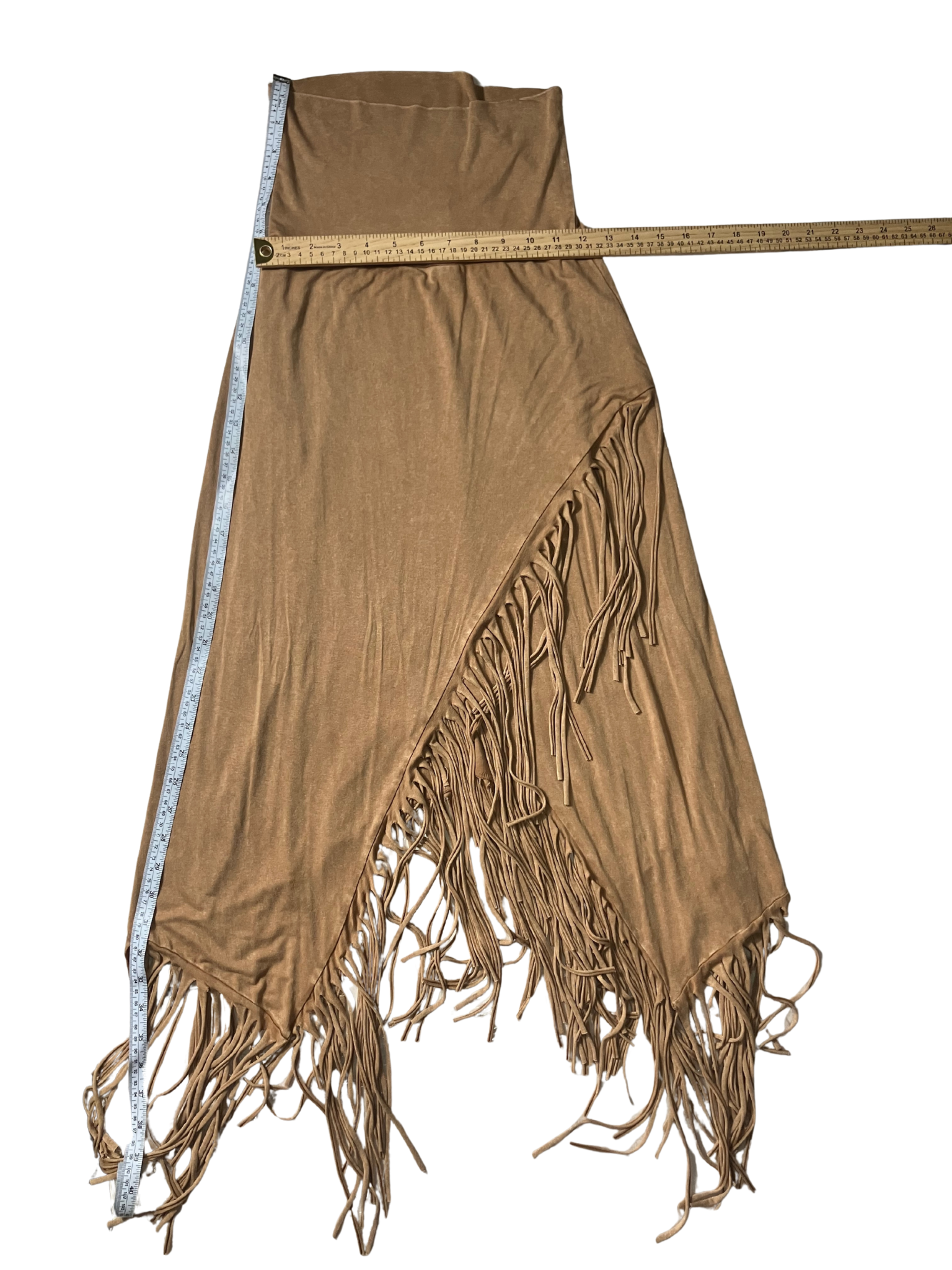 Raya Sun Tan Fringe Skirt - Bohemian High-Waisted Asymmetric Hem Size S