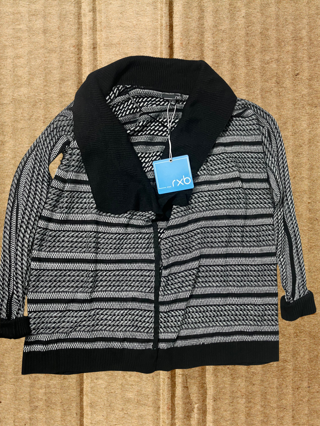RXB — Cardigan | Black & white stripe, oversized shawl collar · Sz M