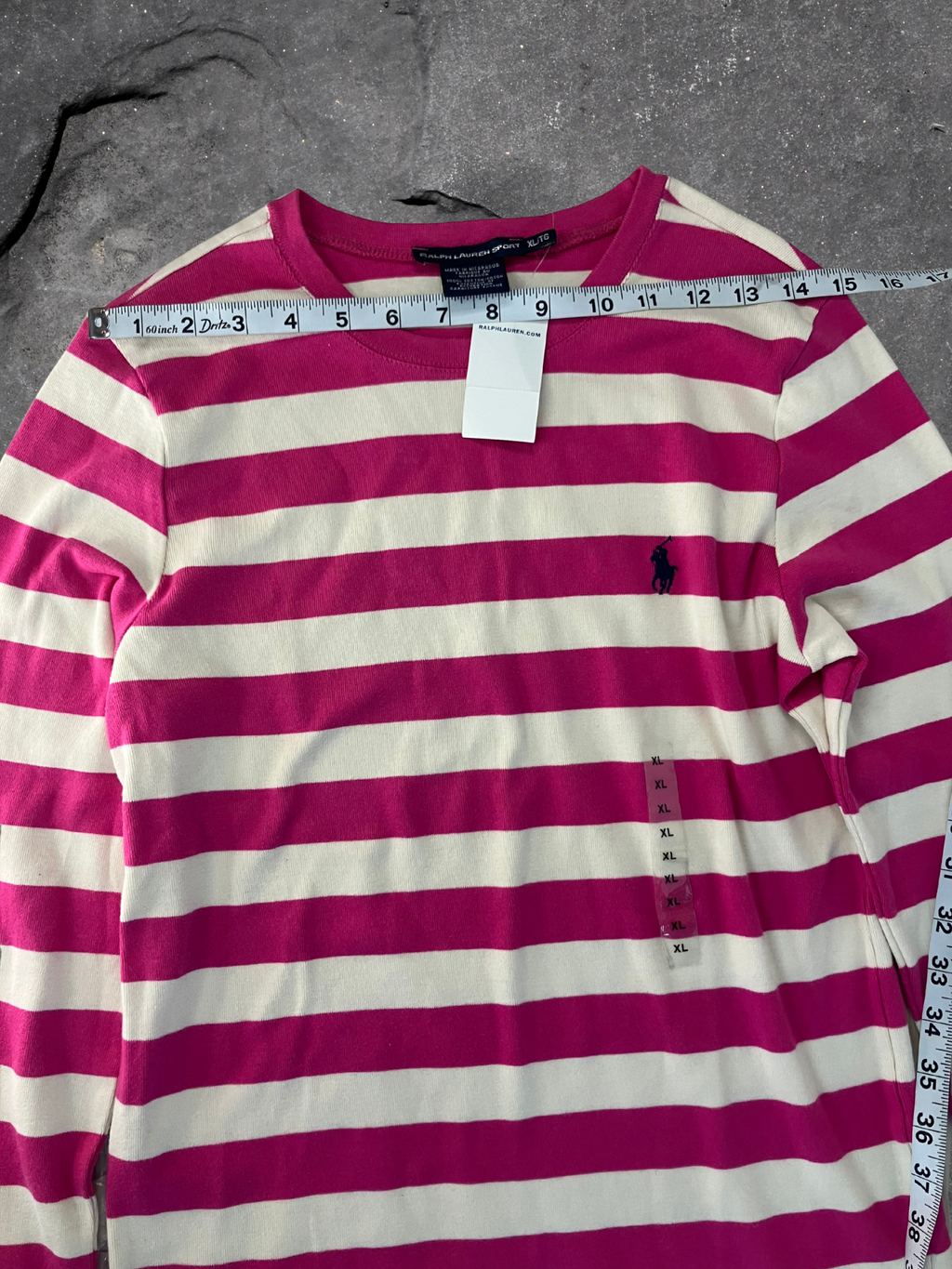 Ralph Lauren — Crew Neck T-Shirt | Pink and cream stripes, embroidered pony · Sz XL