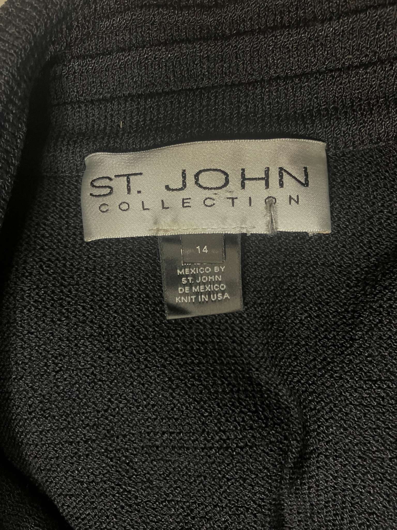 St. John Collection Black Knit Long Coat Ribbed Detail Size 14