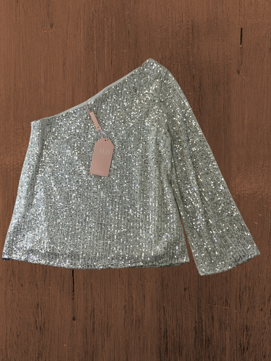 ALB Anne-Louise — One-Shoulder Sequin Top | Silver-white evening allure · Sz 8