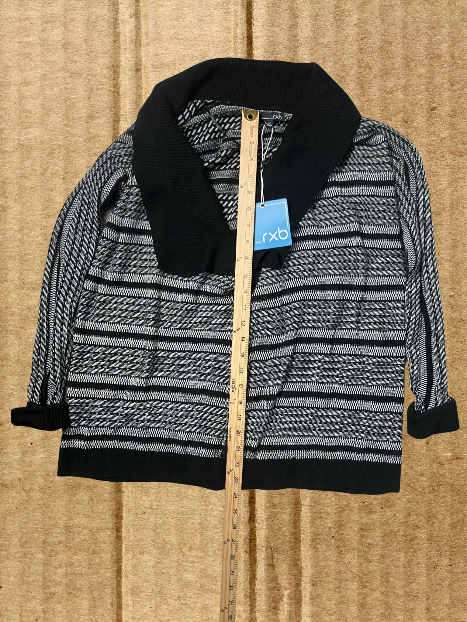 RXB — Cardigan | Black & white stripe, oversized shawl collar · Sz M