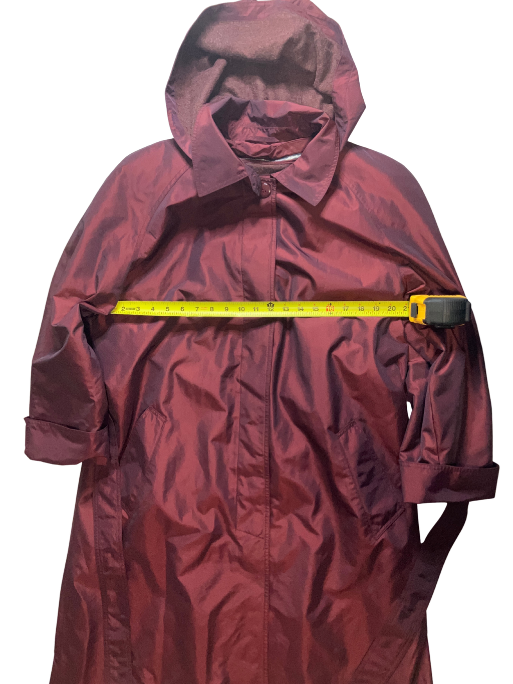 FS Rainwear — Hooded Long Coat | Burgundy fleece-lined nylon, late 90s vintage · Sz L