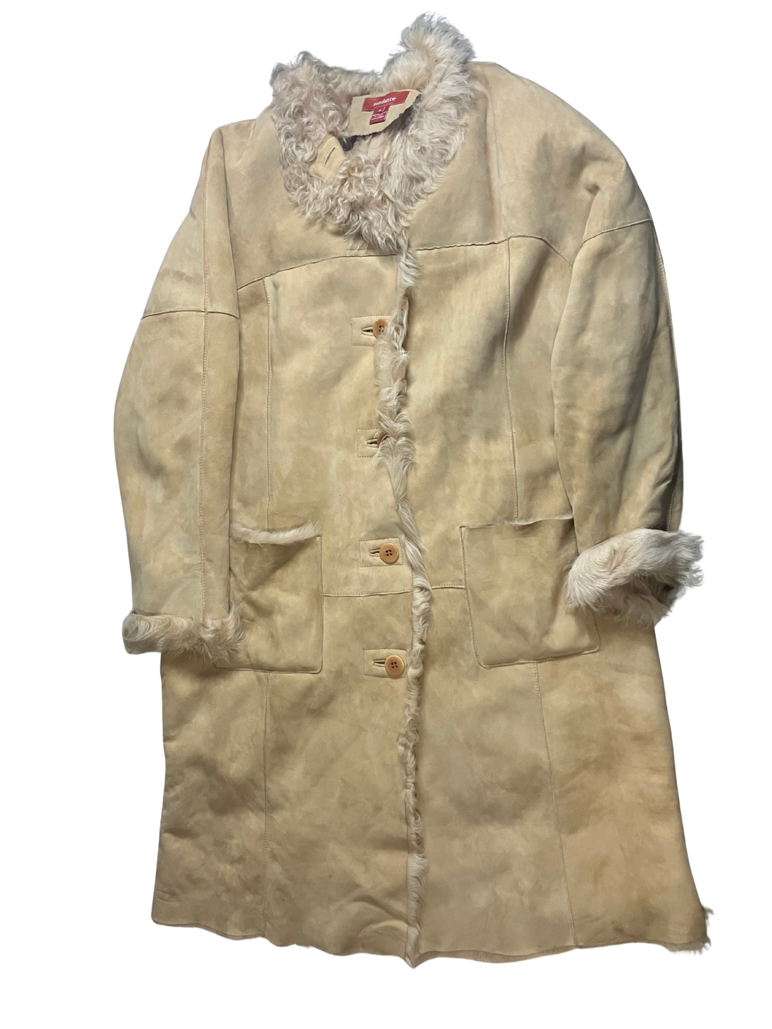 Sundance Suede Shearling Coat Beige Bohemian Button Front Size XL