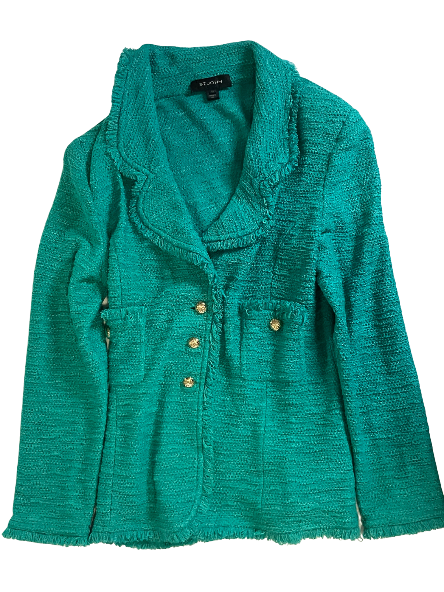 St. John Turquoise Boucle Knit Blazer Size 14 Made in USA - Like New