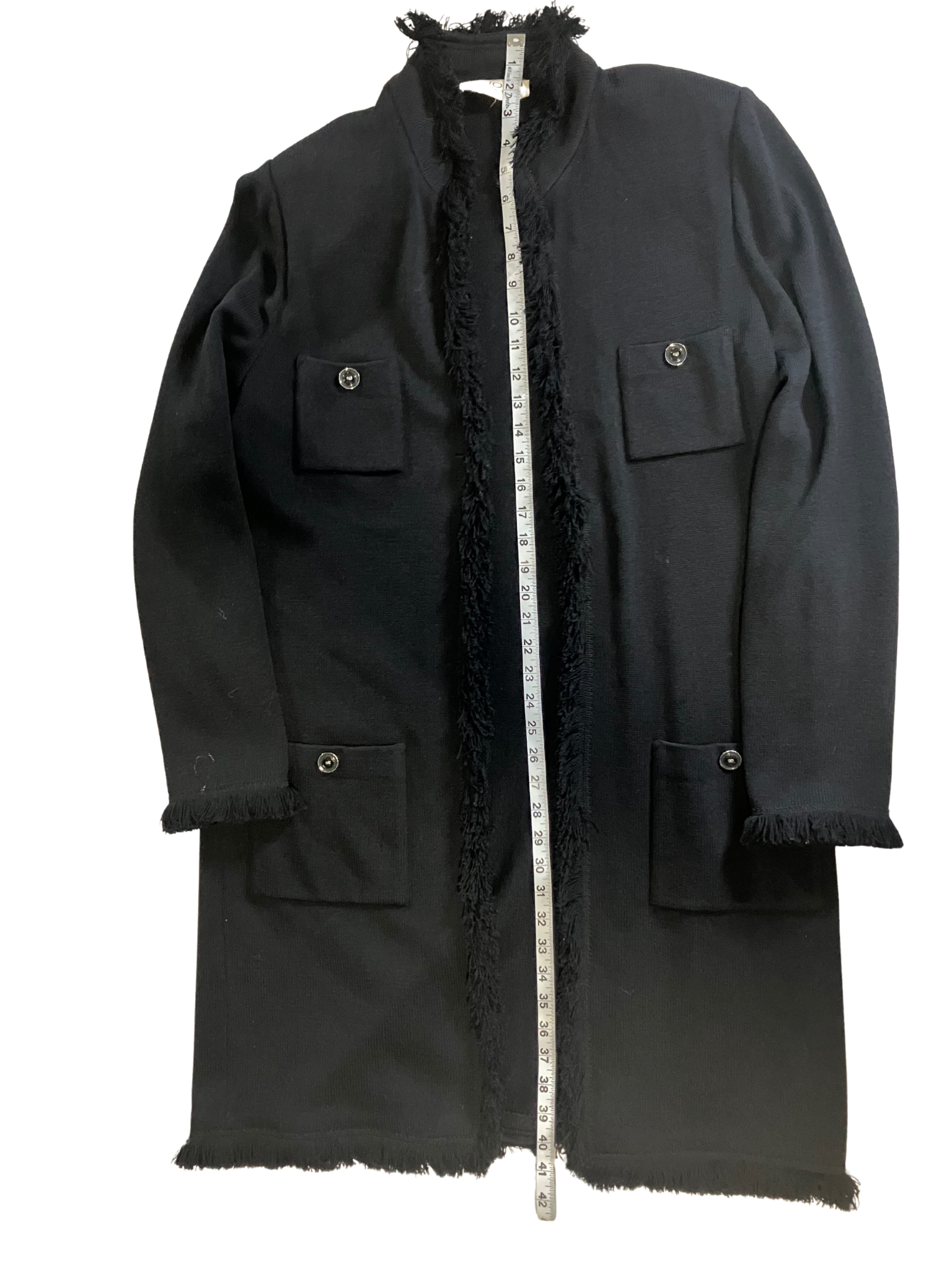 St. John Collection Black Wool Knit Long Coat Fringe Detail Size 0