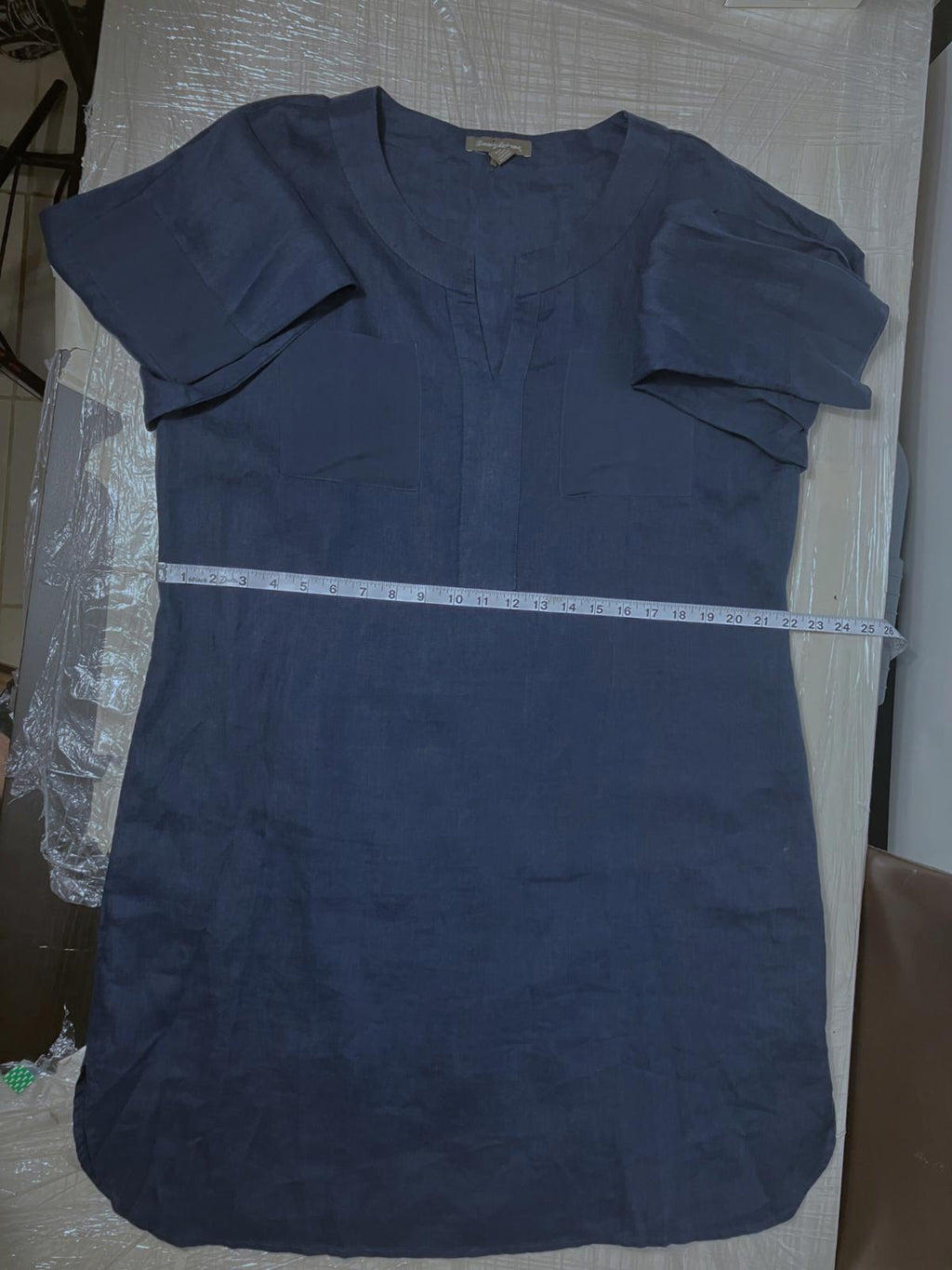 Tommy Bahama — Dress | 100% linen with silk trim, navy split-neck tunic · Sz XL