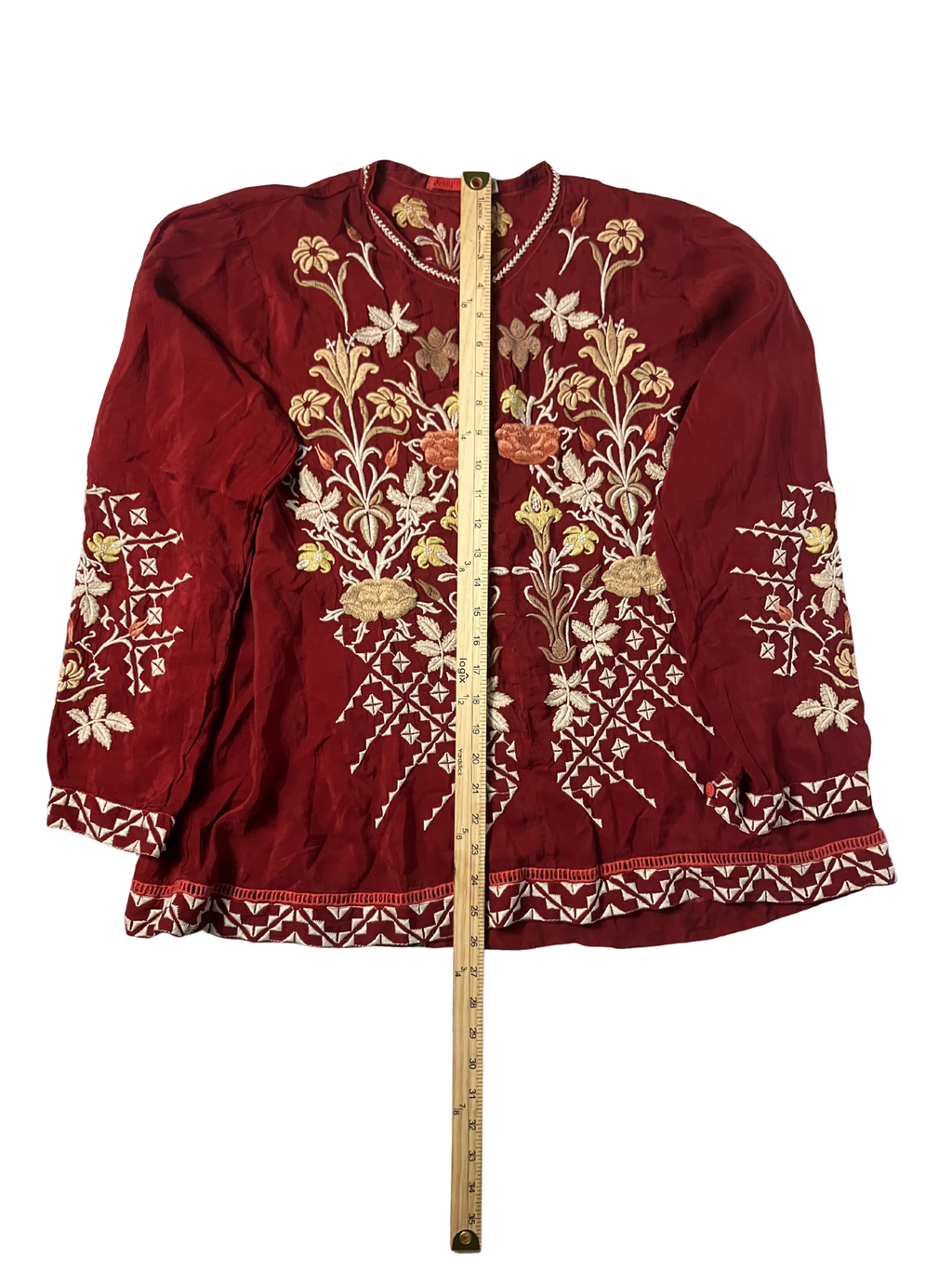 Johnny Was — Tunic | Dense botanical embroidery in deep burgundy · Sz L