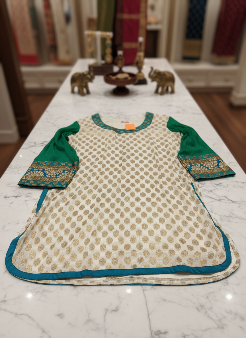 Fuchsia Designs Embroidered Kurta Tunic XXL White Teal Gold Brocade NWT