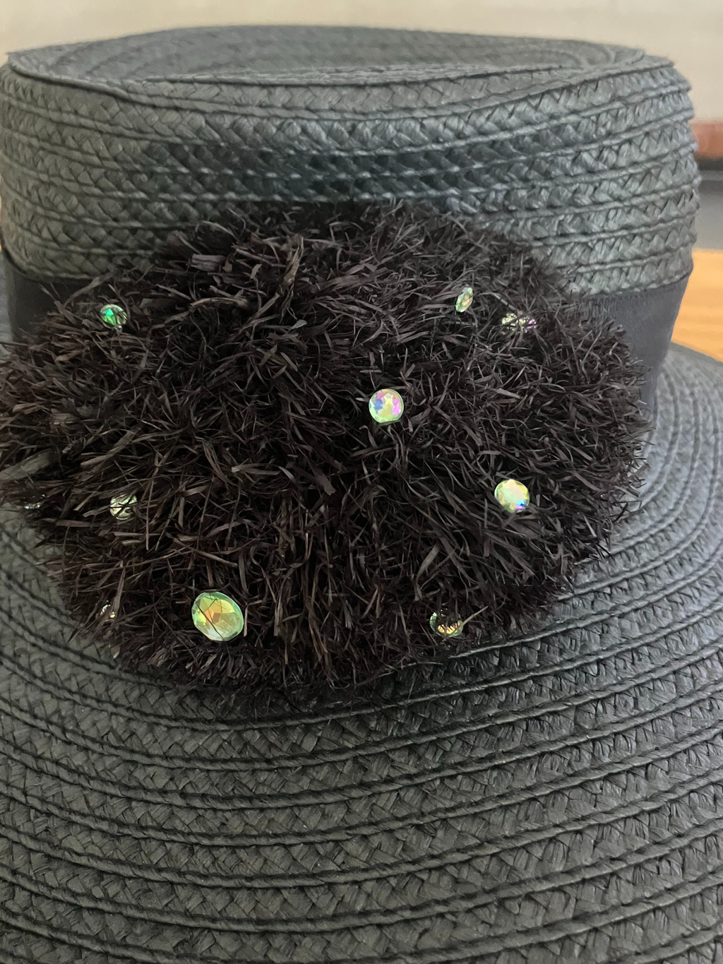 August Hat Company Black Wide Brim Straw Hat - Floral Embellishment