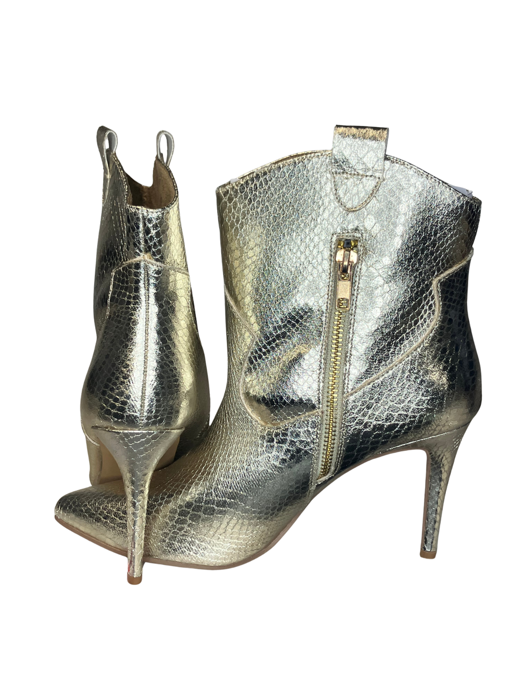 ShuShop — Boots | Snake-embossed metallic gold stiletto, never worn · Sz 10