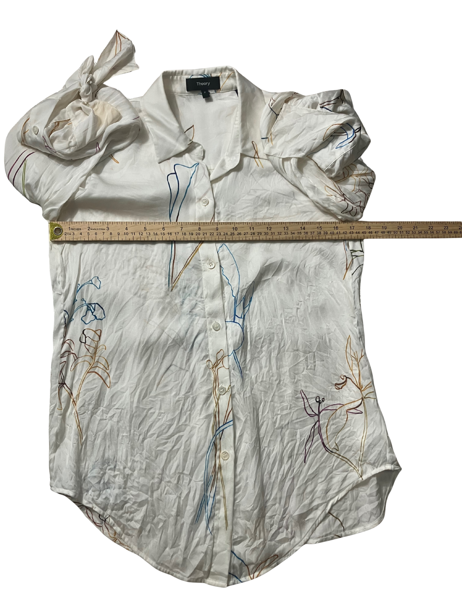 Theory Ivory Silk Abstract Print Blouse - Tie Cuff Button Down Size P