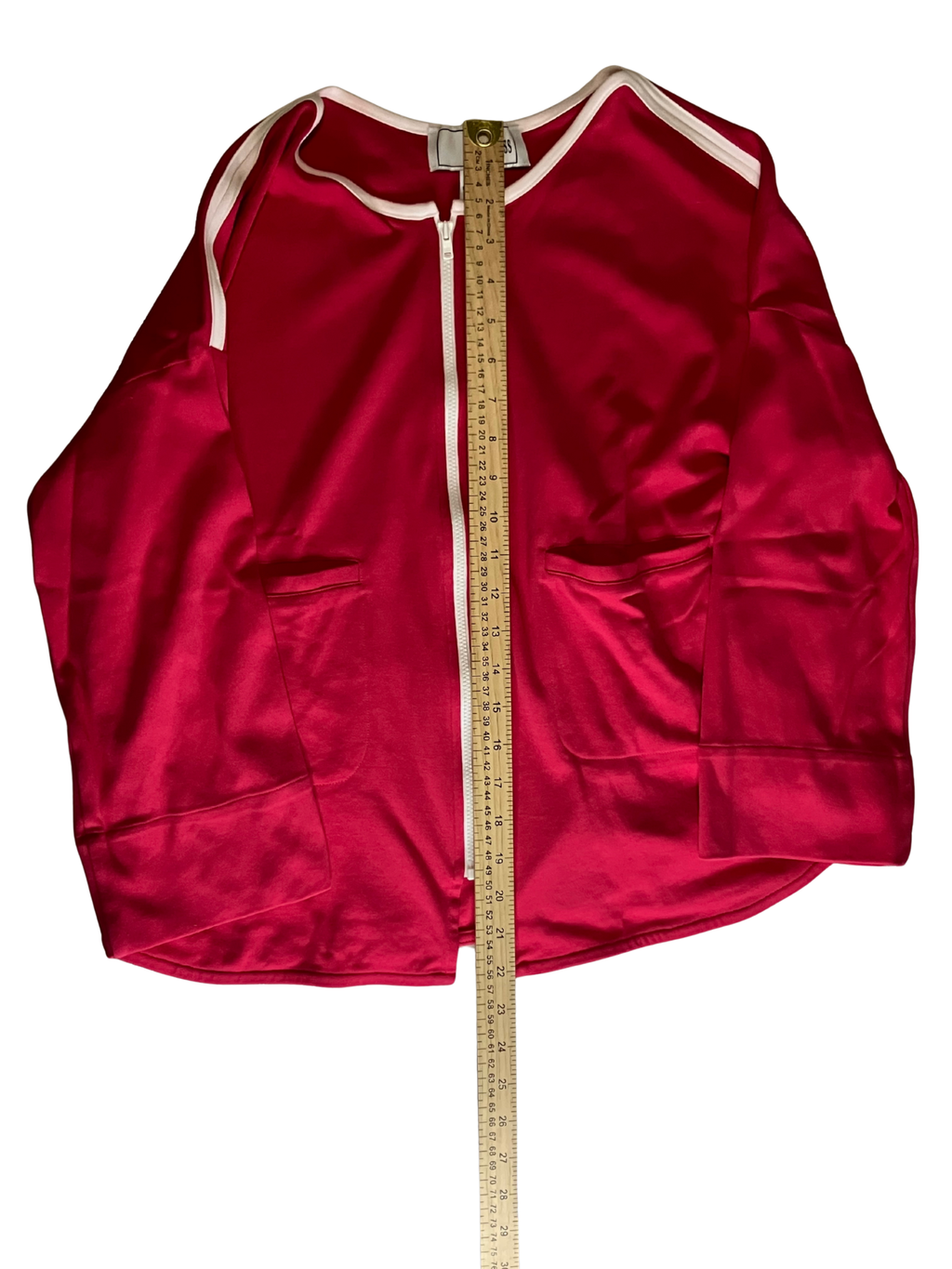 Joan Vass Fuchsia Pink Cotton Zip Cardigan White Trim 3/4 Sleeve Size 2P