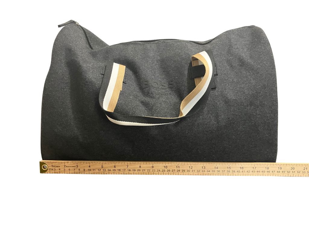 BOSS Parfums Gray Felt Duffel Bag with Striped Handles Travel Gym Bag