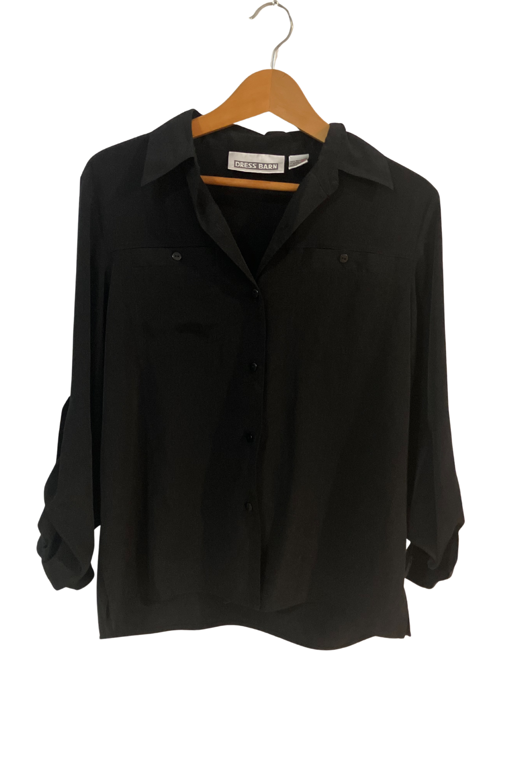Dressbarn Black Button Down Blouse Women’s Size M Roll Tab Sleeves