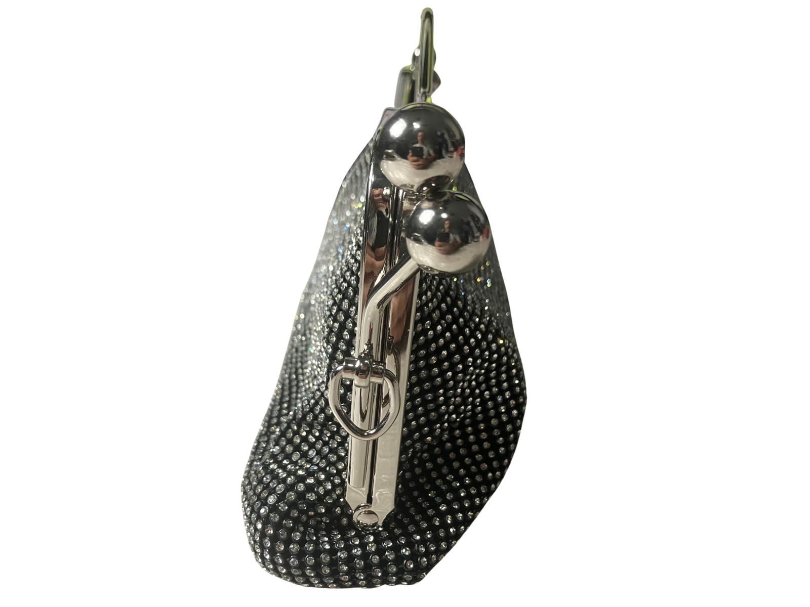 Black Rhinestone Evening Clutch Bag with Silver Frame