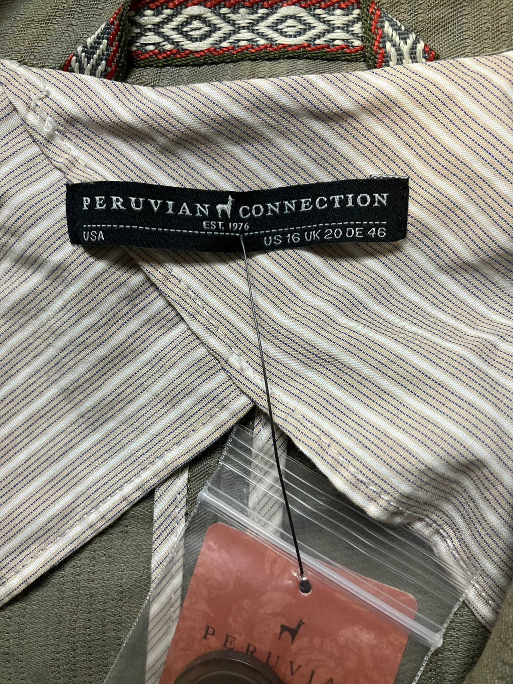 Peruvian Connection Olive Green Textured Linen Blend Blazer Size 16 NWT