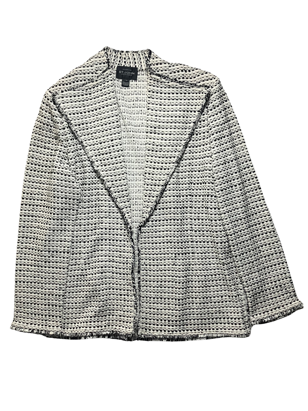 St. John Boutiques Ivory Black Boucle Knit Open-Front Jacket Size 14