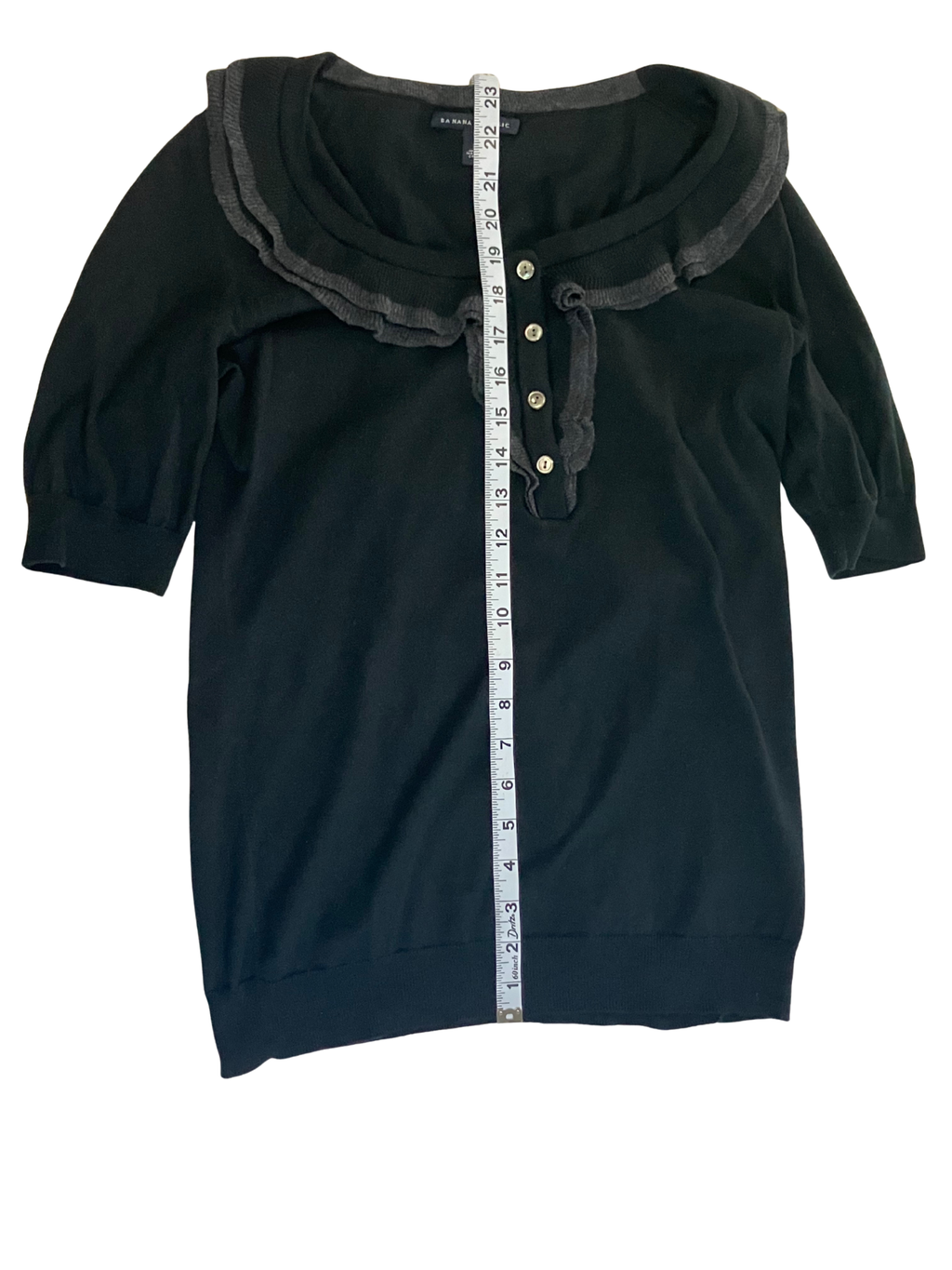 Banana Republic Black Ruffle Collar Knit Top Pima Cotton Wool Blend Size M