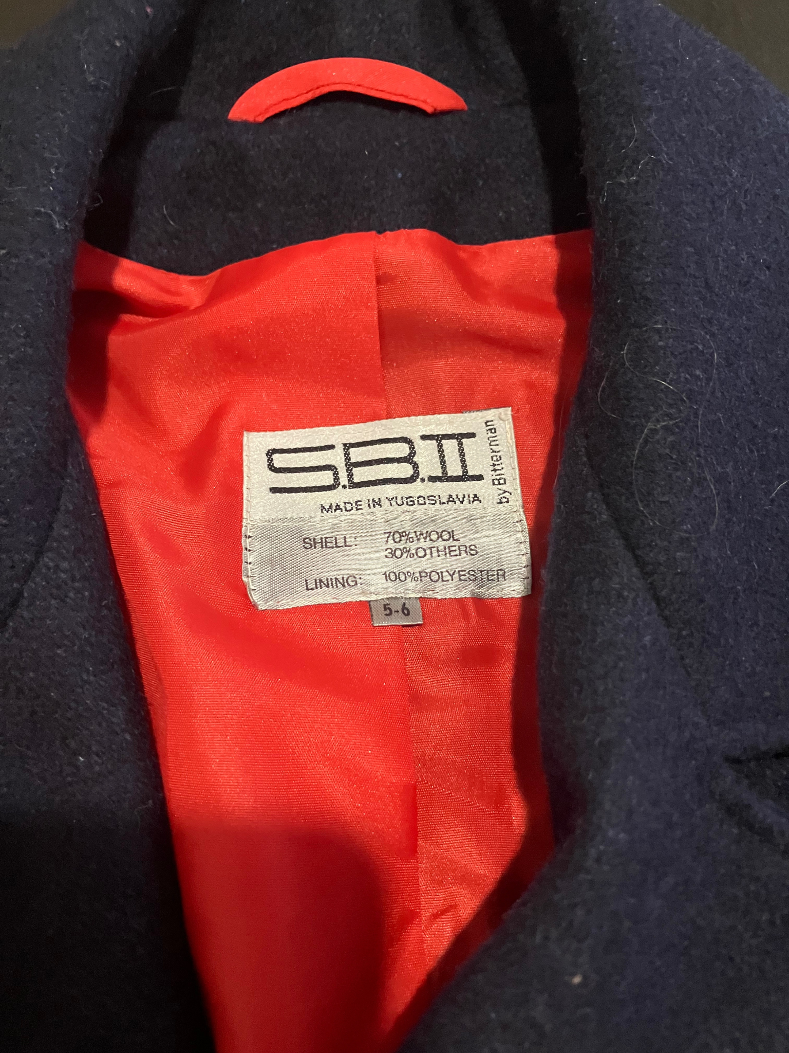 Vintage SBI by Bitterman Wool Peacoat Navy Blue Red Lining Size 5-6 Yugoslavia