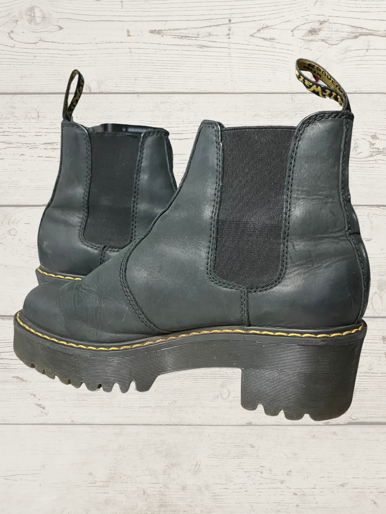 Dr. Martens — Chelsea Platform Boot | Black leather, yellow welt stitching · Sz EU 40