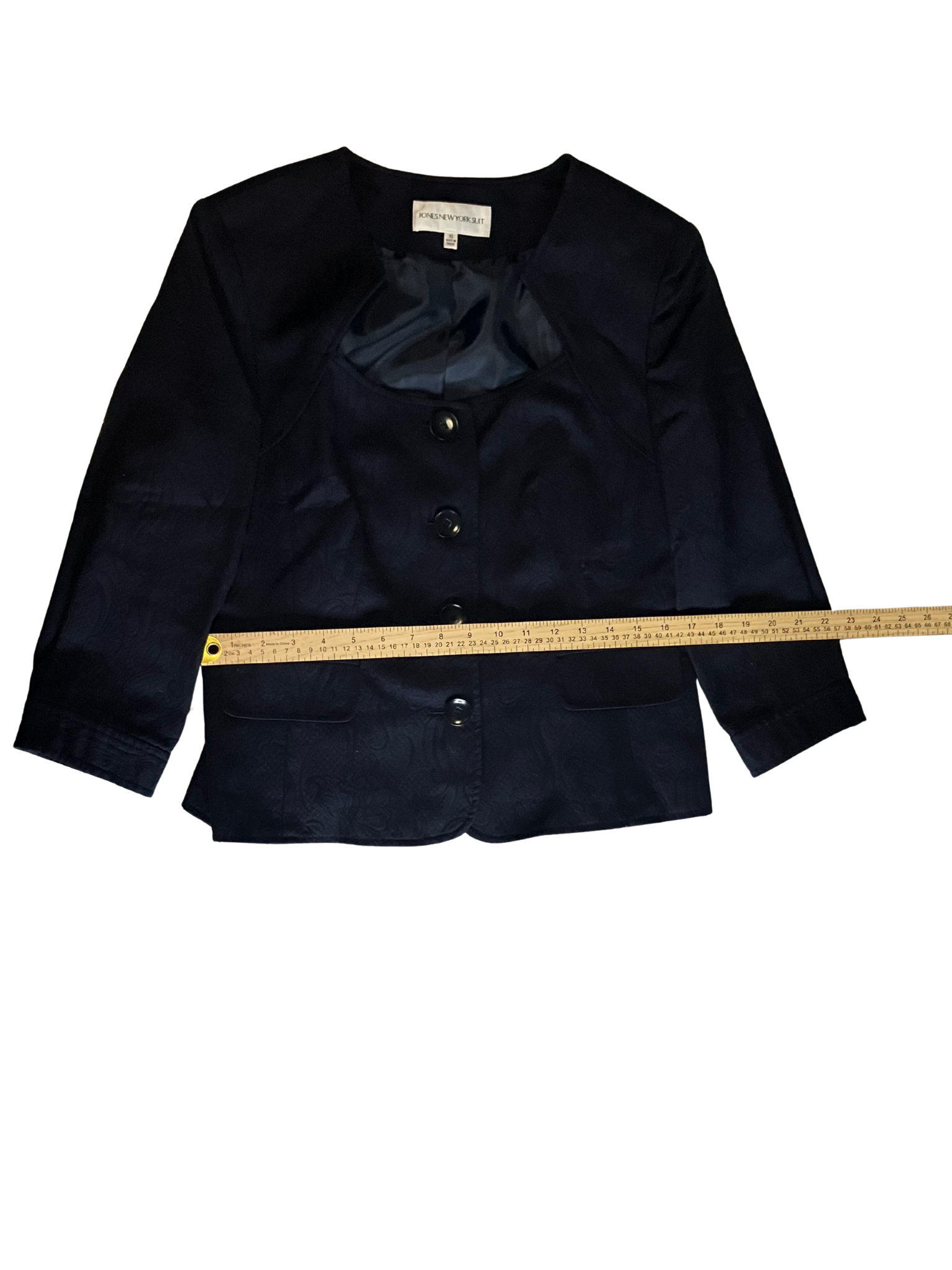 Jones New York Suit Navy Blue Jacquard Blazer 3/4 Sleeve Scoop Neck Size 10