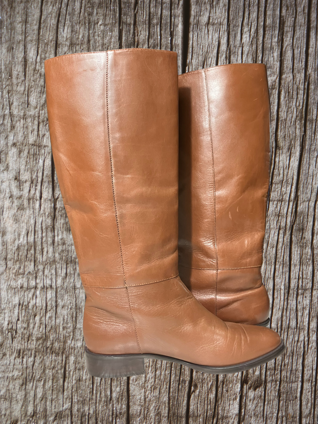 Etienne Aigner — Tall Riding Boots | Cognac leather, gold stirrup hardware · Sz 9