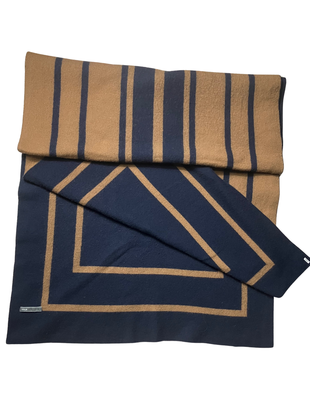 Vince Reversible Navy & Camel Geometric Scarf - Wool Wrap One Size