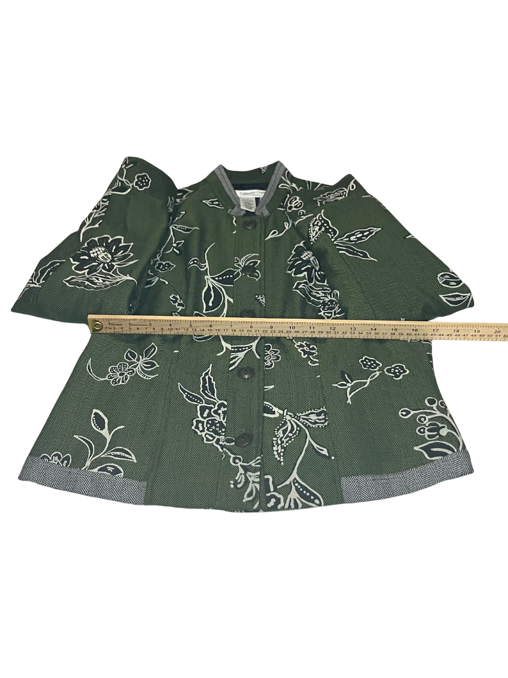 Coldwater CreekOlive Green Embroidered Floral Jacket – White Botanical Print Button-Up