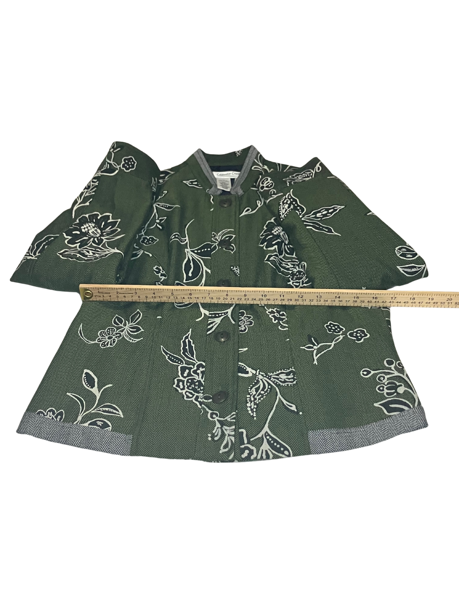 Coldwater CreekOlive Green Embroidered Floral Jacket – White Botanical Print Button-Up