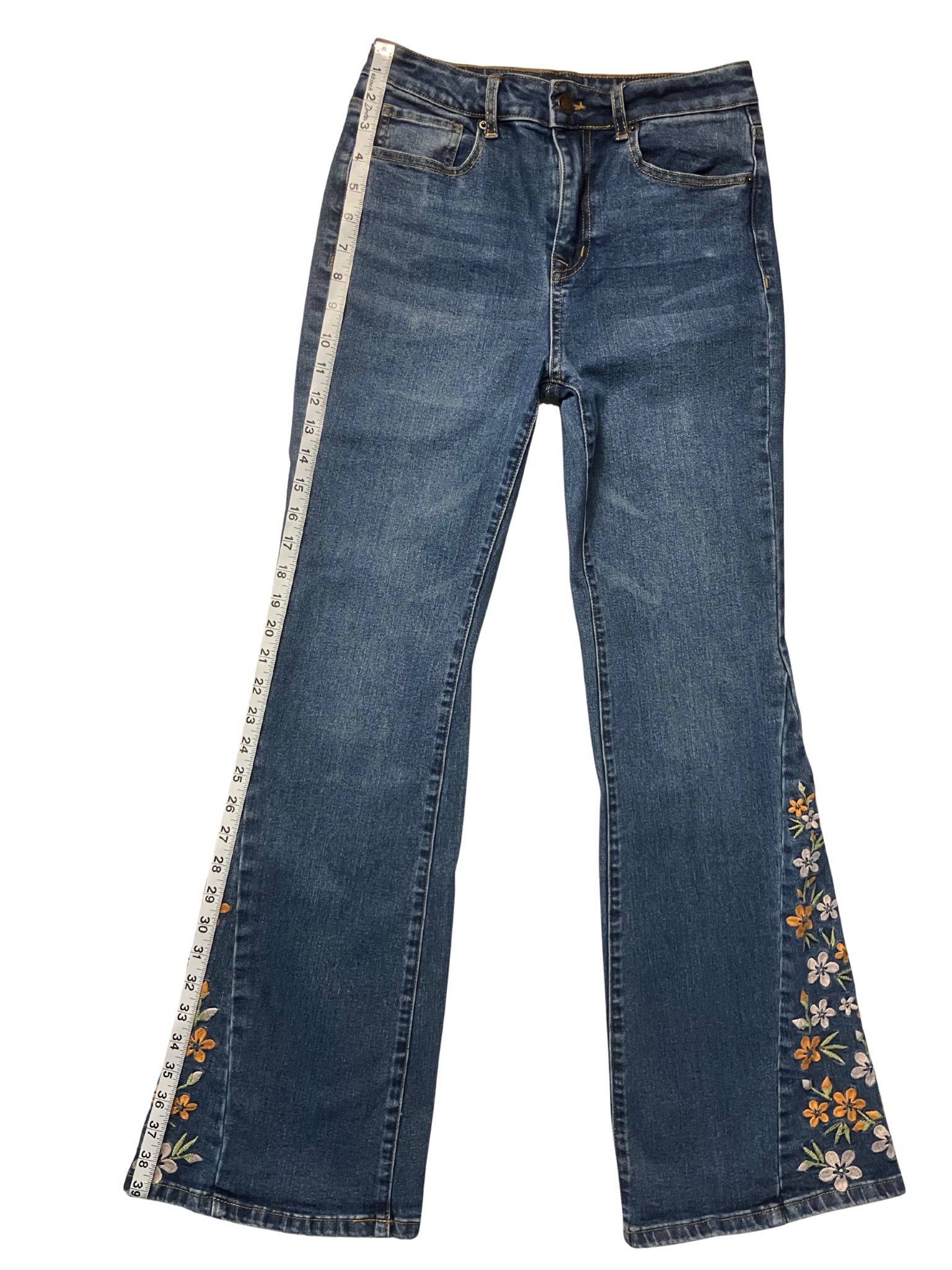 Angel Kiss Floral Embroidered Flare Jeans Mid-Rise Stretch Denim