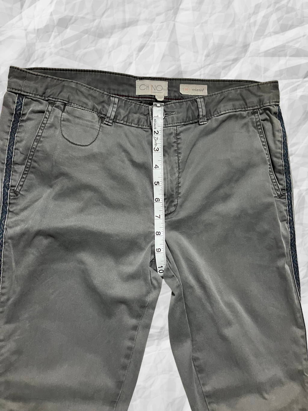 Chino by Anthropologie — Tailored Pants | Slate gray cotton with navy side stripe · Sz 30