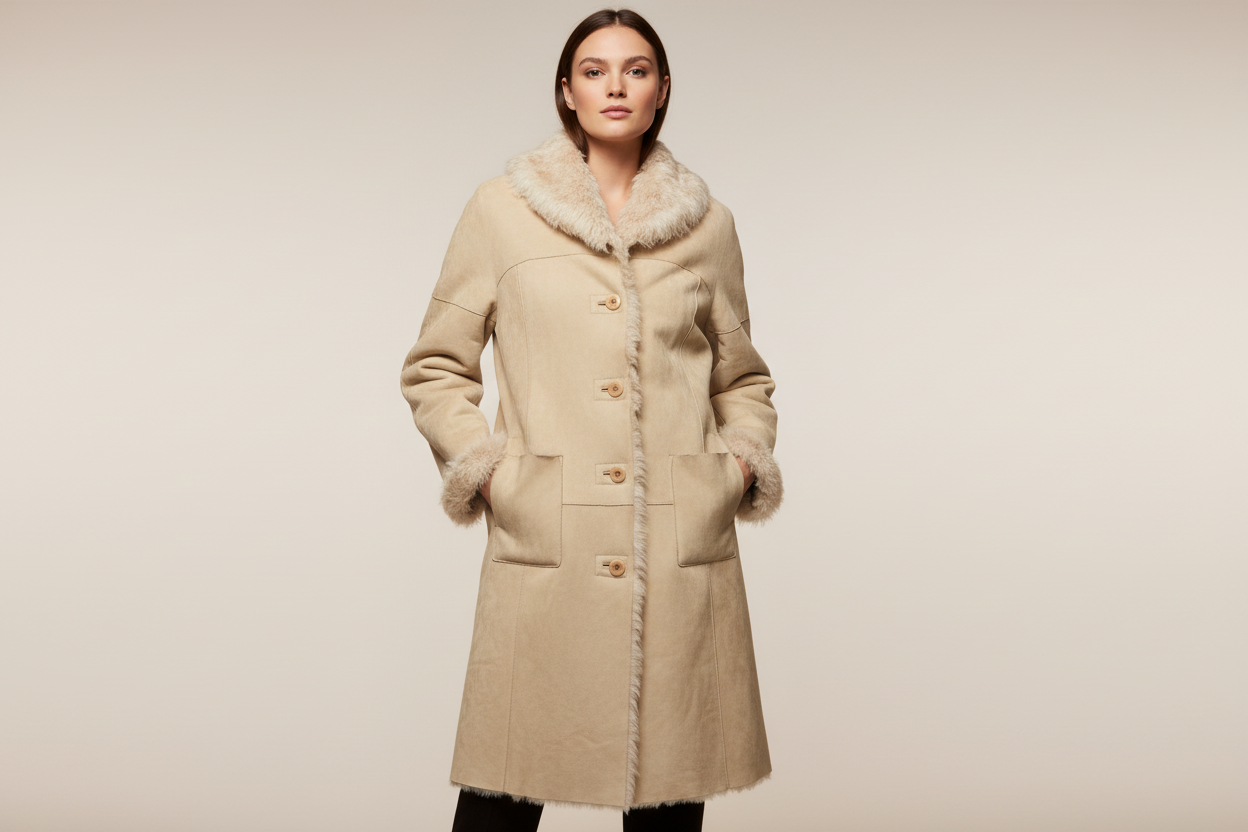 Sundance Suede Shearling Coat Beige Bohemian Button Front Size XL