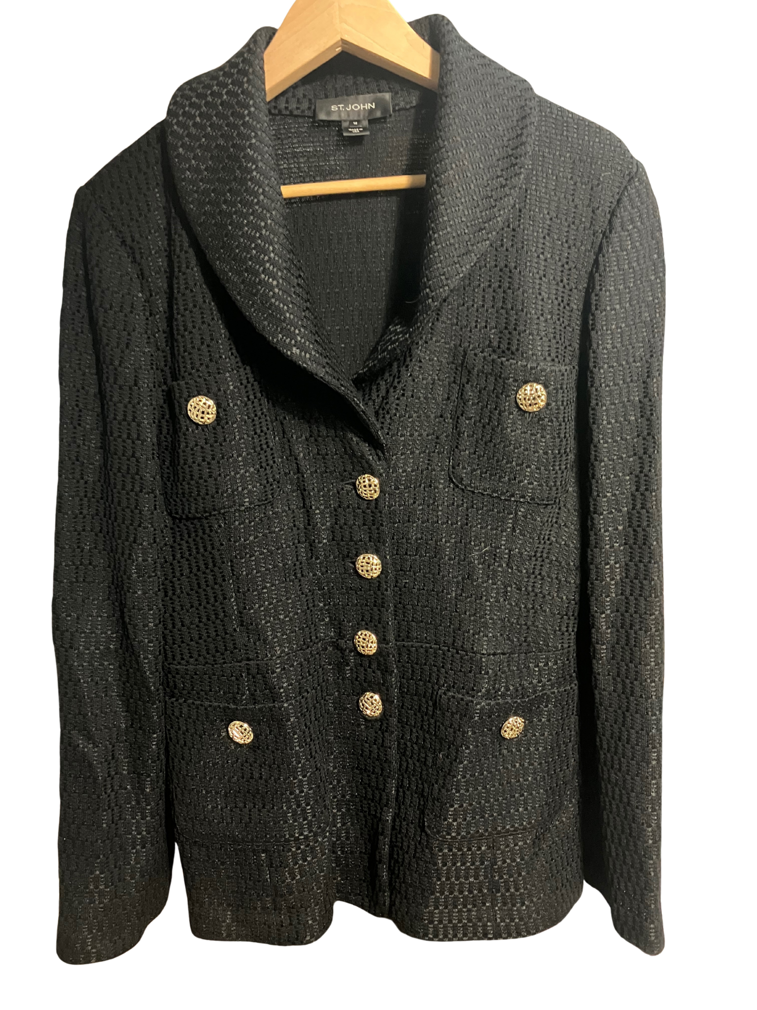 St. John Black Knit Blazer Jacket Gold Button Detail Size 14