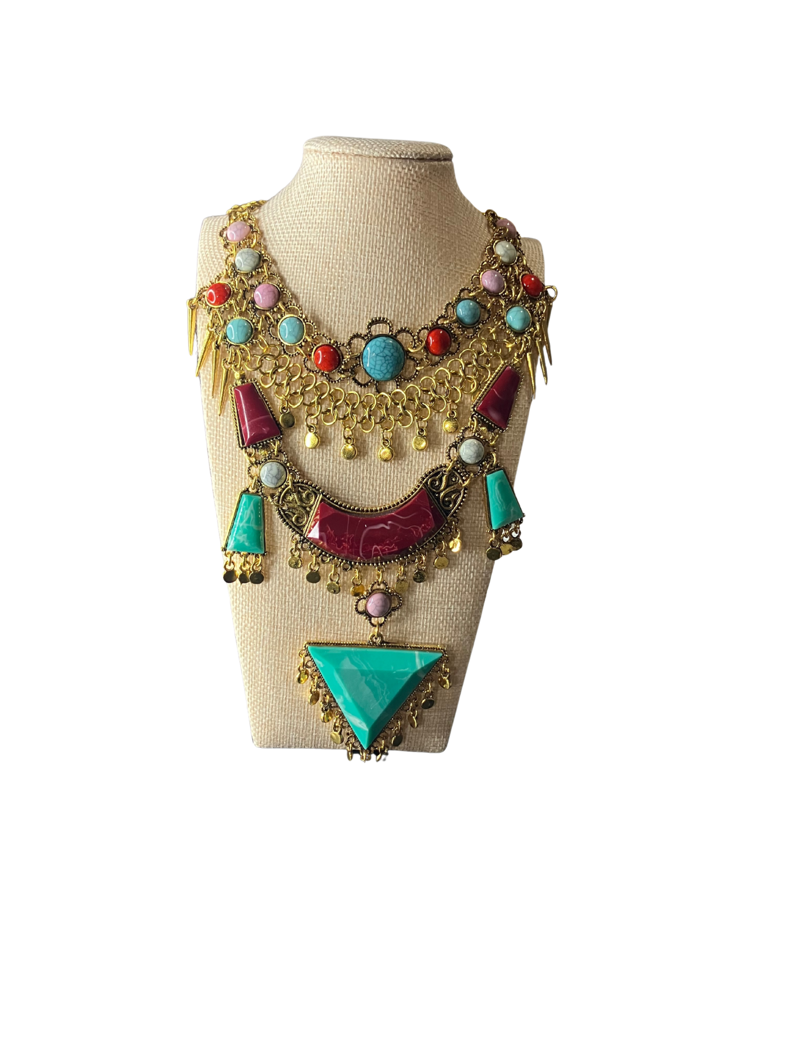 Boho Tribal Statement Necklace Turquoise Coral Multi-Layer Gold Bib