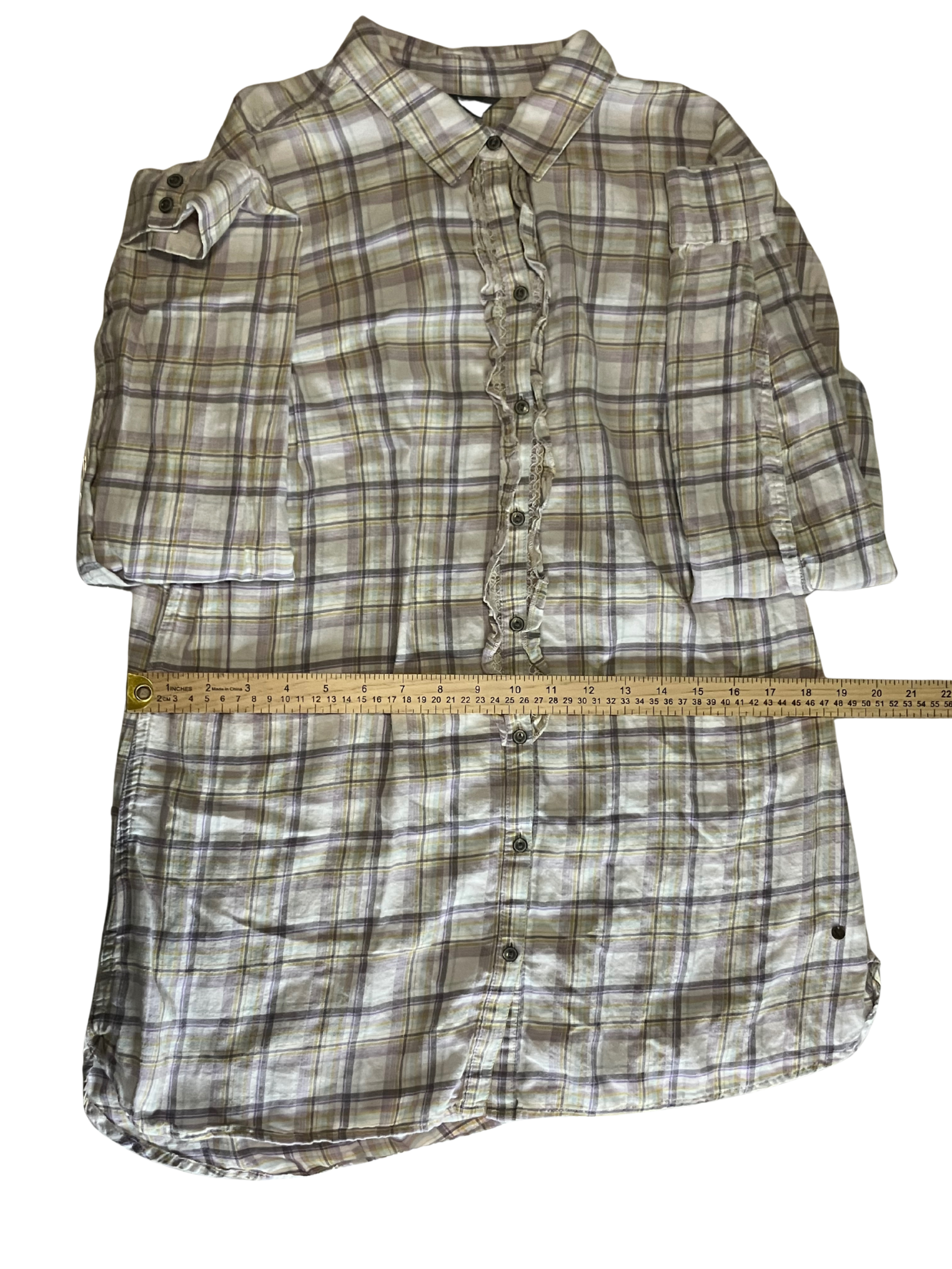 Eddie Bauer Plaid Ruffle Blouse Size L - Green Gray Cotton Roll Tab Sleeves