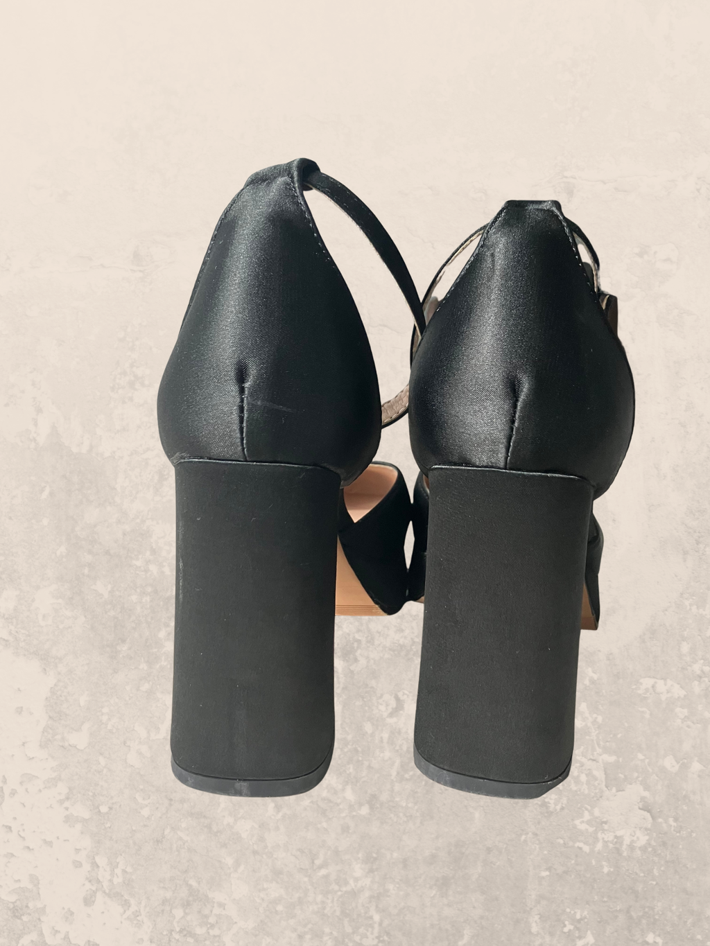 Xieda — Platform Block Heel | Black satin, ankle strap, gold buckle · Sz 6