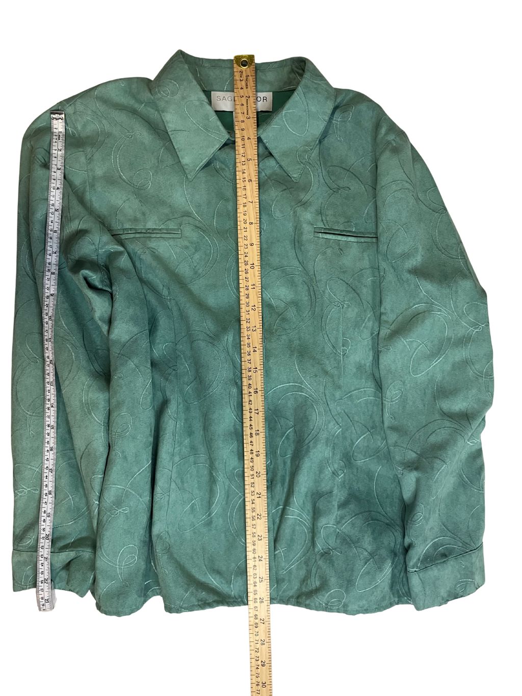 Sag Harbor Petite Emerald Green Embroidered Suede-Finish Blouse Size P/M