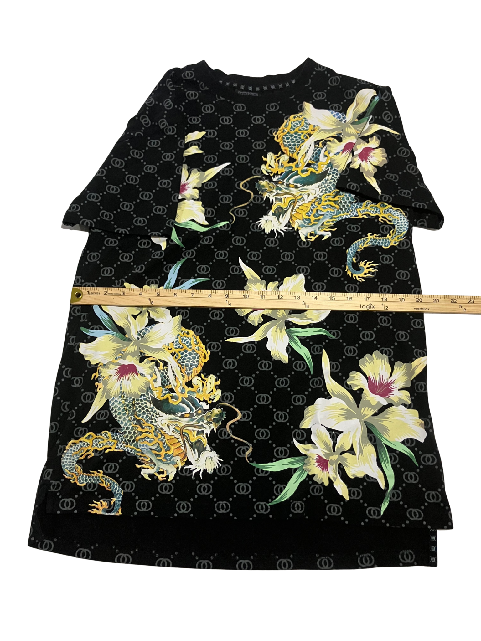 KRISP Designer T-Shirt Black with Golden Dragon & Lily Print