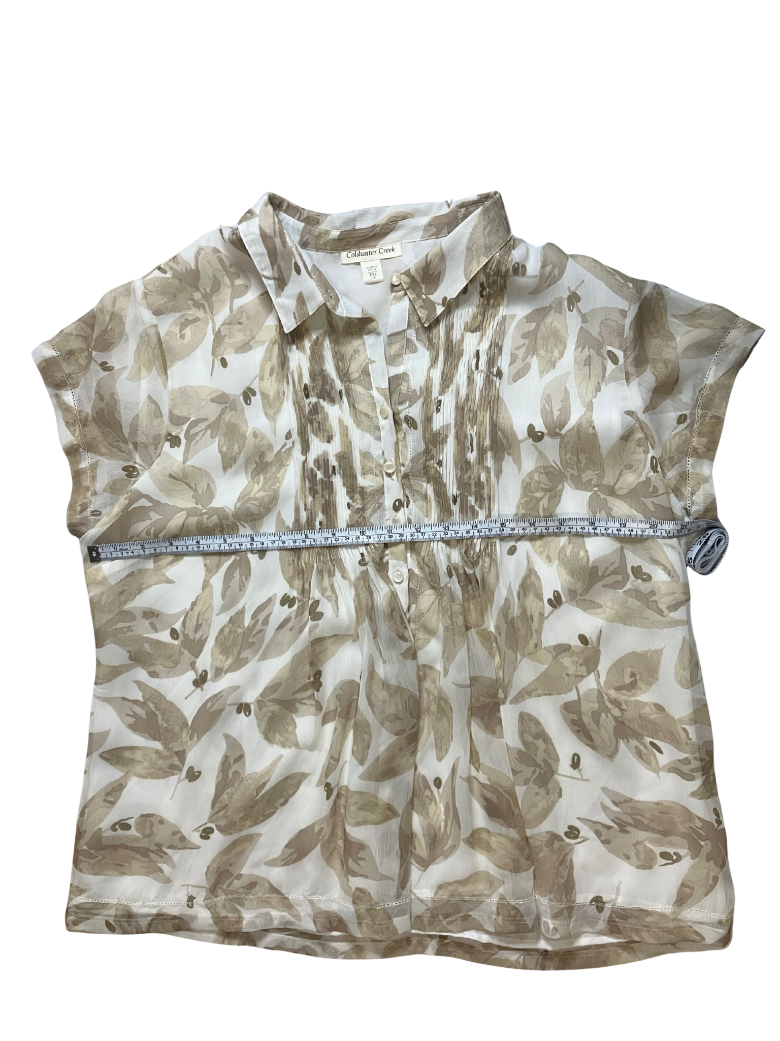 Coldwater Creek Petite Botanical Leaf Print Button-Front Blouse Size PXL