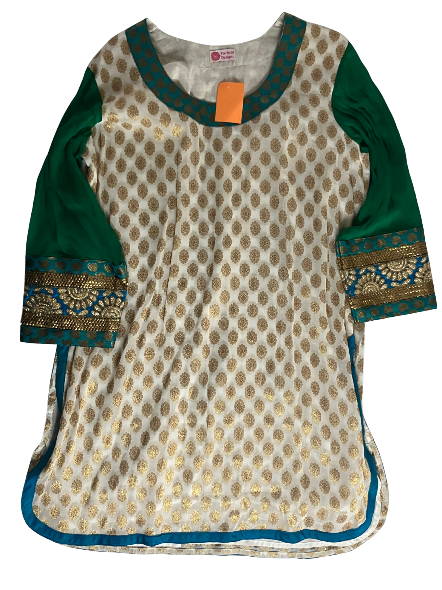 Fuchsia Designs Embroidered Kurta Tunic XXL White Teal Gold Brocade NWT
