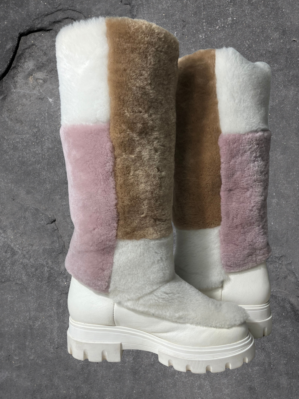 Free People — Knee-High Shearling Boots | Patchwork panels, chunky lug sole · Sz 6.5