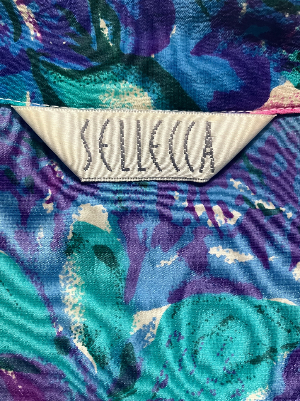 Sellecca — Silk Blouse | Cobalt watercolor floral, camp collar · Sz 14