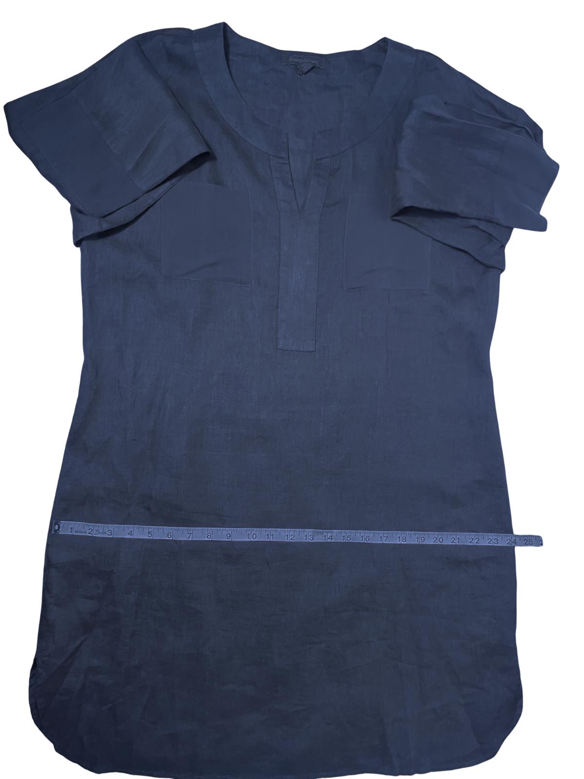 Tommy Bahama — Dress | 100% linen with silk trim, navy split-neck tunic · Sz XL